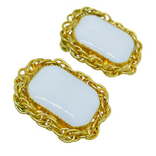 Load image into Gallery viewer, HATTIE CARNEGIE signed vintage gold tone white glass designer clip on earrings
