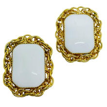 Load image into Gallery viewer, HATTIE CARNEGIE signed vintage gold tone white glass designer clip on earrings
