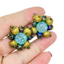 Load image into Gallery viewer, HOBE signed vintage gold tone beaded glass designer clip on earrings
