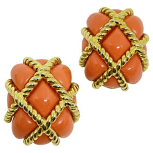 Load image into Gallery viewer, Vintage KENNETH LANE signed faux coral gold tone etruscan designer clip earrings
