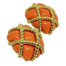 Load image into Gallery viewer, Vintage KENNETH LANE signed faux coral gold tone etruscan designer clip earrings
