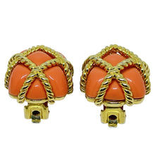 Load image into Gallery viewer, Vintage KENNETH LANE signed faux coral gold tone etruscan designer clip earrings
