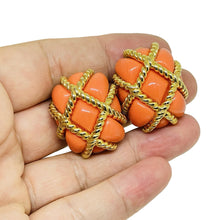 Load image into Gallery viewer, Vintage KENNETH LANE signed faux coral gold tone etruscan designer clip earrings
