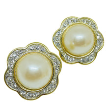Load image into Gallery viewer, RICHELIEU vintage signed gold tone faux pearl rhinestones designer clip earrings
