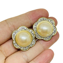 Load image into Gallery viewer, RICHELIEU vintage signed gold tone faux pearl rhinestones designer clip earrings

