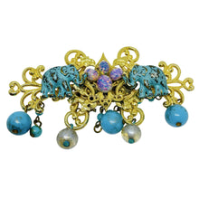 Load image into Gallery viewer, LIZ SOTO vintage gold tone faux turquoise opal pearls designer brooch
