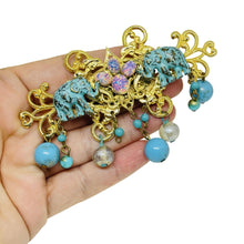Load image into Gallery viewer, LIZ SOTO vintage gold tone faux turquoise opal pearls designer brooch
