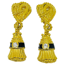 Load image into Gallery viewer, IVANA signed vintage gold tone enamel crystal dangle tassle clip on earrings
