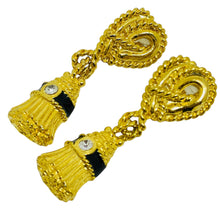 Load image into Gallery viewer, IVANA signed vintage gold tone enamel crystal dangle tassle clip on earrings
