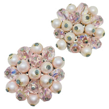 Load image into Gallery viewer, JAPAN signed vintage silver tone pink ab crystal beaded cluster clip on earrings
