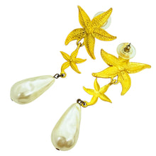 Load image into Gallery viewer, JJ signed vintage gold tone starfish designer dangle pearl earrings
