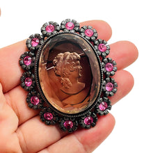 Load image into Gallery viewer, JOAN RIVERS signed dark silver pink stones glass carved cameo designer brooch
