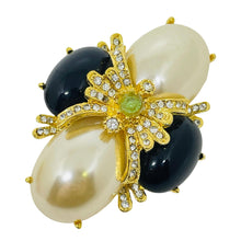 Load image into Gallery viewer, JOAN RIVERS signed vintage gold tone faux pearls rhinestone designer brooch
