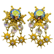 Load image into Gallery viewer, KIRKS FOLLY signed vintage gold dangle stars crystals designer clip on earrings
