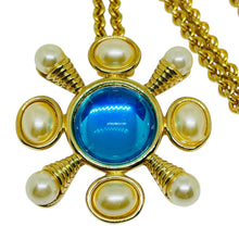 Load image into Gallery viewer, KJL KENNETH JAY LANE signed vintage gold pearl blue glass brooch necklace
