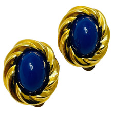 Load image into Gallery viewer, KJL for AVON signed gold lapis designer clip on earrings
