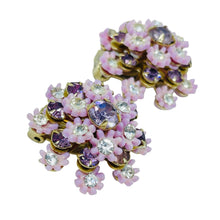 Load image into Gallery viewer, LERU signed vintage gold tone lavender crystals flower designer clip on earrings
