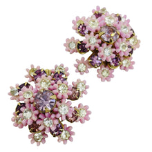 Load image into Gallery viewer, LERU signed vintage gold tone lavender crystals flower designer clip on earrings
