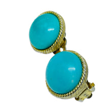 Load image into Gallery viewer, LES BERNARD signed vintage gold tone turquoise glass clip on earrings

