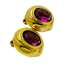 Load image into Gallery viewer, LES BERNARD vintage gold amethyst glass designer runway clip on earrings
