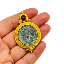 Load image into Gallery viewer, LINDA LEVINSON signed vintage gold tone ancient coin designer pendant necklace
