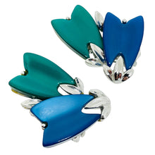 Load image into Gallery viewer, LISNER signed vintage silver tone blue green thermoset designer clip on earrings
