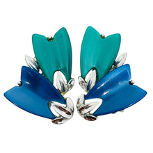 Load image into Gallery viewer, LISNER signed vintage silver tone blue green thermoset designer clip on earrings
