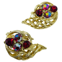 Load image into Gallery viewer, LISNER vintage gold tone ruby rhinestone leaf designer clip on earrings
