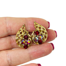 Load image into Gallery viewer, LISNER vintage gold tone ruby rhinestone leaf designer clip on earrings

