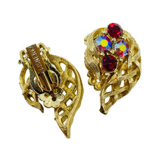Load image into Gallery viewer, LISNER vintage gold tone ruby rhinestone leaf designer clip on earrings
