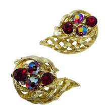 Load image into Gallery viewer, LISNER vintage gold tone ruby rhinestone leaf designer clip on earrings
