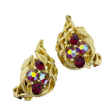 Load image into Gallery viewer, LISNER vintage gold tone ruby rhinestone leaf designer clip on earrings
