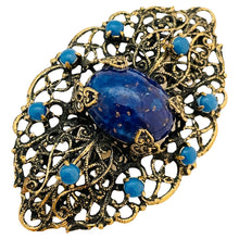 Load image into Gallery viewer, MADE IN GERMANY signed vintage gold tone glass lapis designer brooch
