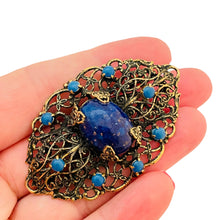 Load image into Gallery viewer, MADE IN GERMANY signed vintage gold tone glass lapis designer brooch
