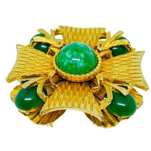 Load image into Gallery viewer, MANDI signed vintage gold tone green jade glass Maltese cross designer brooch
