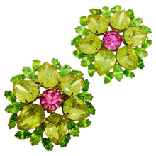 Load image into Gallery viewer, MARIE FERRA signed vintage gold tone glass flower designer clip on earrings
