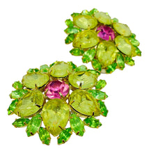 Load image into Gallery viewer, MARIE FERRA signed vintage gold tone glass flower designer clip on earrings
