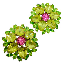 Load image into Gallery viewer, MARIE FERRA signed vintage gold tone glass flower designer clip on earrings
