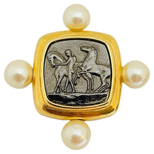 Load image into Gallery viewer, MARVELLA signed vintage gold silver tone ancient coin pearl designer brooch
