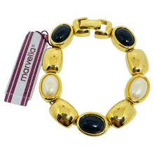 Load image into Gallery viewer, MARVELLA signed vintage gold tone faux pearl onyx designer link bracelet
