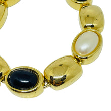 Load image into Gallery viewer, MARVELLA signed vintage gold tone faux pearl onyx designer link bracelet
