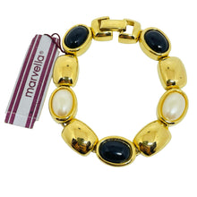 Load image into Gallery viewer, MARVELLA signed vintage gold tone faux pearl onyx designer link bracelet

