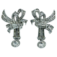 Load image into Gallery viewer, MAZER signed vintage silver tone rhinestones bow designer clip on earrings
