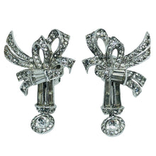 Load image into Gallery viewer, MAZER signed vintage silver tone rhinestones bow designer clip on earrings

