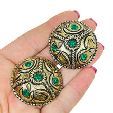 Load image into Gallery viewer, MOD DEP vintage gold tone emerald rhinestone designer clip on earrings
