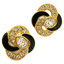 Load image into Gallery viewer, MONET signed gold rhinestones enamel designer runway clip on earrings
