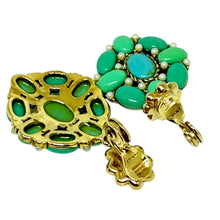 Load image into Gallery viewer, MONET signed gold tone faux turquoise pearls dangle designer clip on earrings
