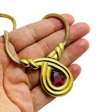 Load image into Gallery viewer, MONET signed gold tone ruby red glass chain designer necklace
