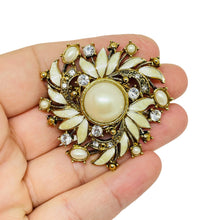 Load image into Gallery viewer, MONET signed vintage faux pearl enamel gold tone designer brooch
