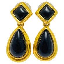 Load image into Gallery viewer, MONET signed vintage gold black lucite dangle designer runway earrings
